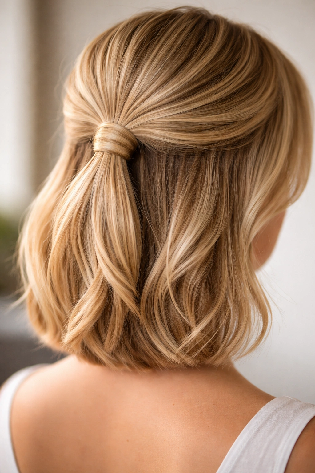 Close-up of blonde bob showing wrap-around half-up ponytail with hair wrapped around elastic
