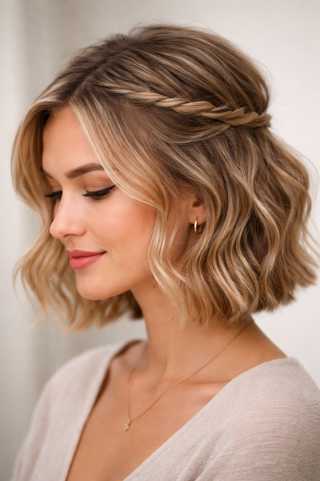 Short wavy hair wrapped around to form a soft headband in a half-up style