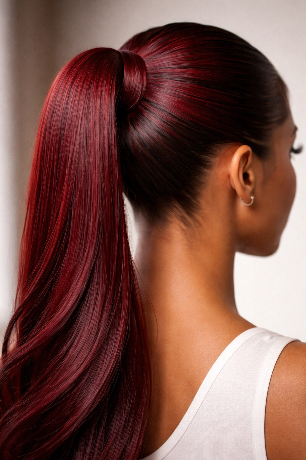 Back profile of a sleek wrap-around pony with concealed base in red weave