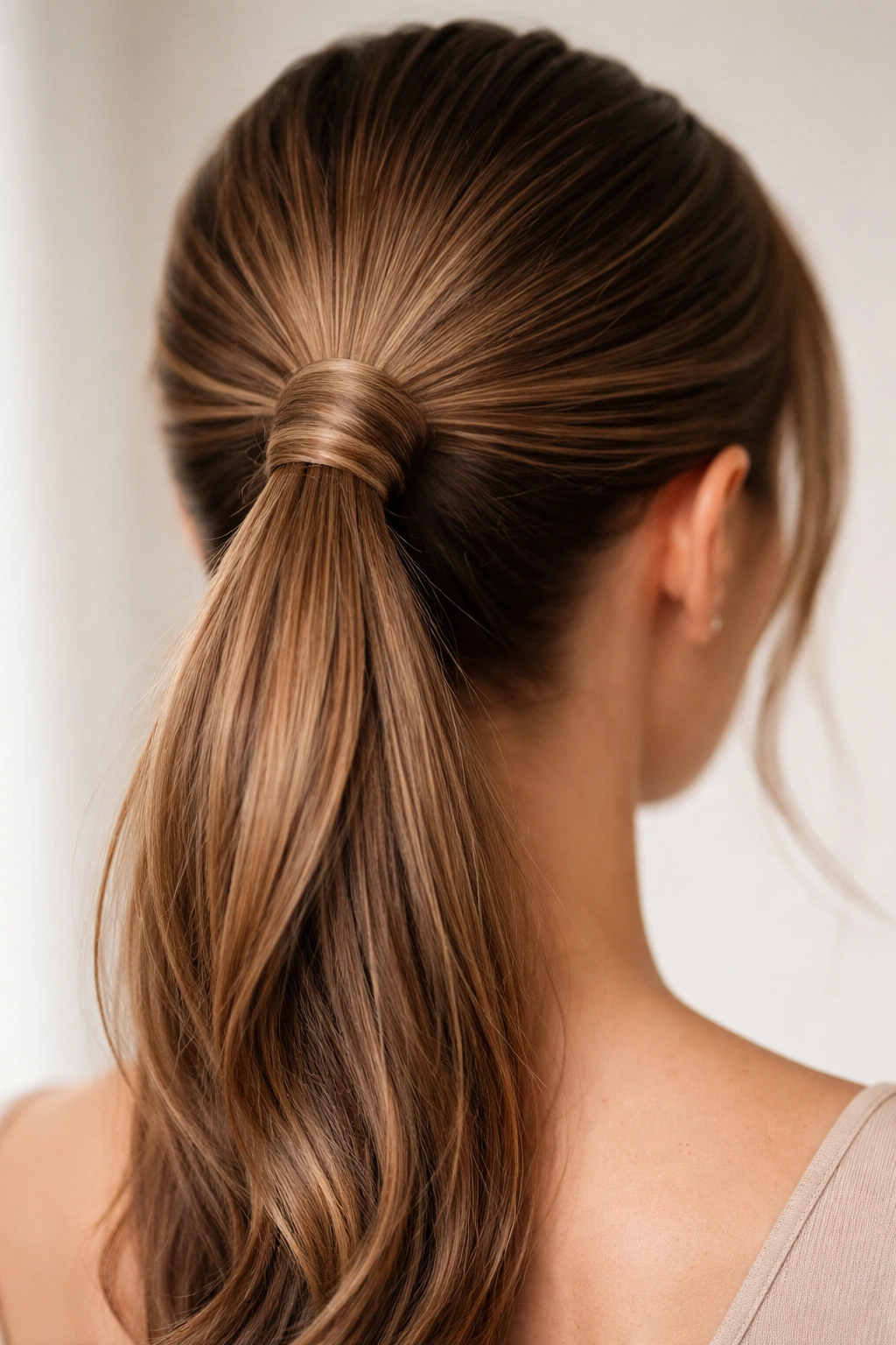 Back view of a ponytail with a wrap-around around the elastic base