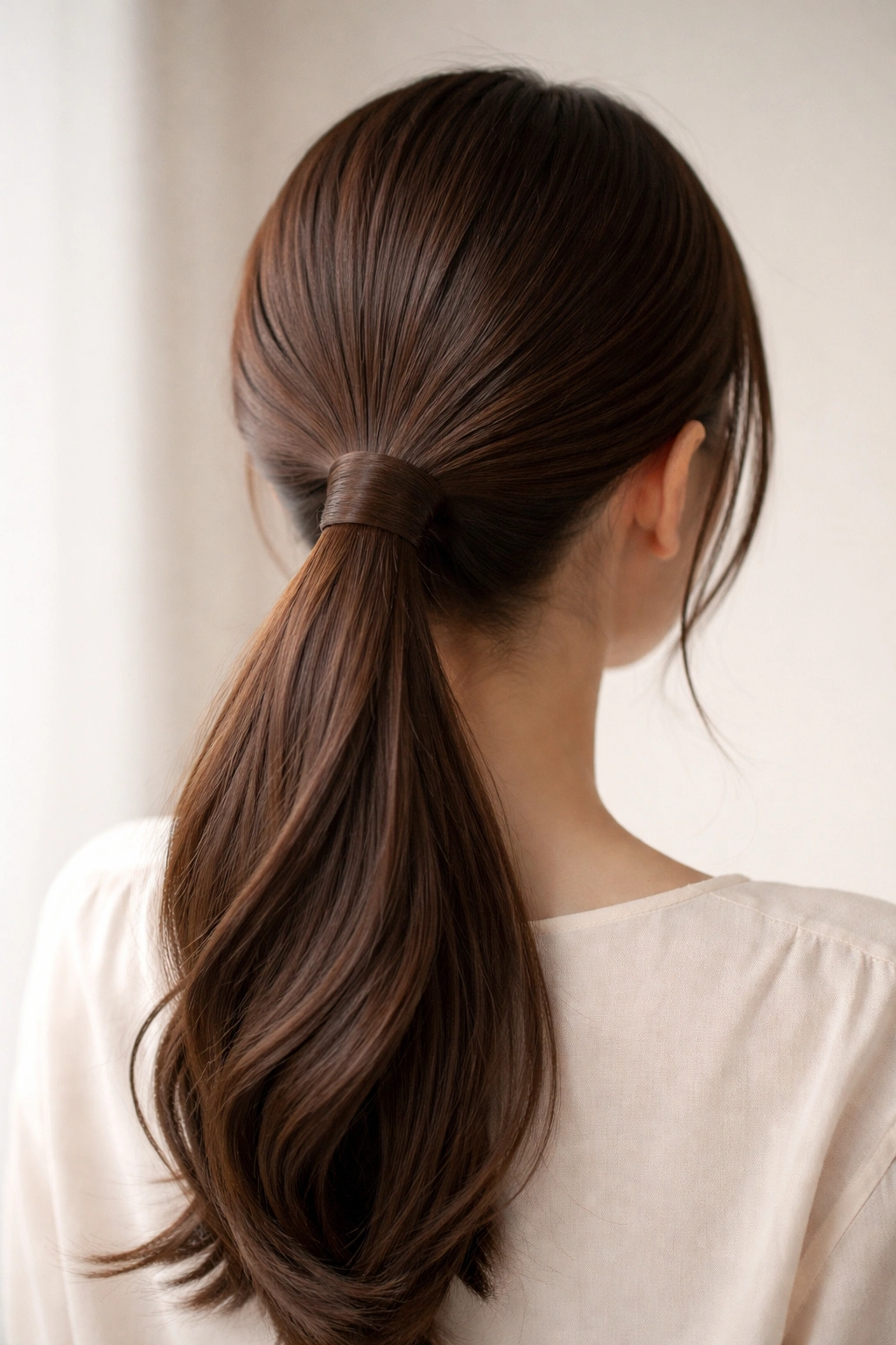 Back view of low ponytail with wrap-around hair wrap