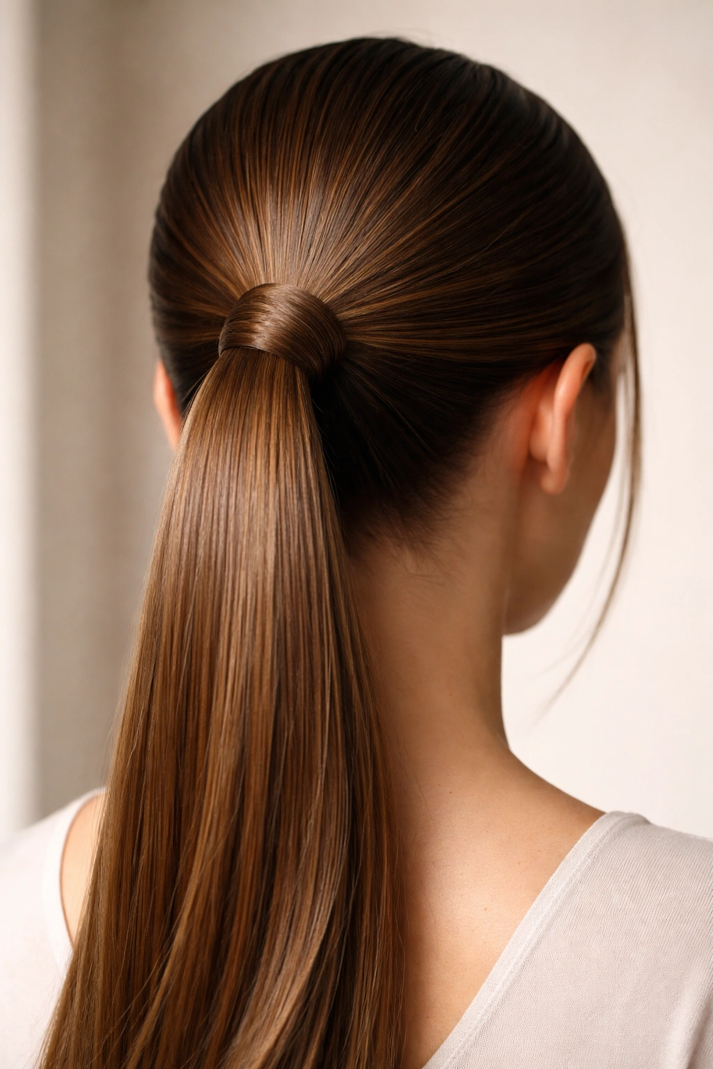 Back view of a straight, glossy wrap-around ponytail with elastic hidden by a wrapped strand