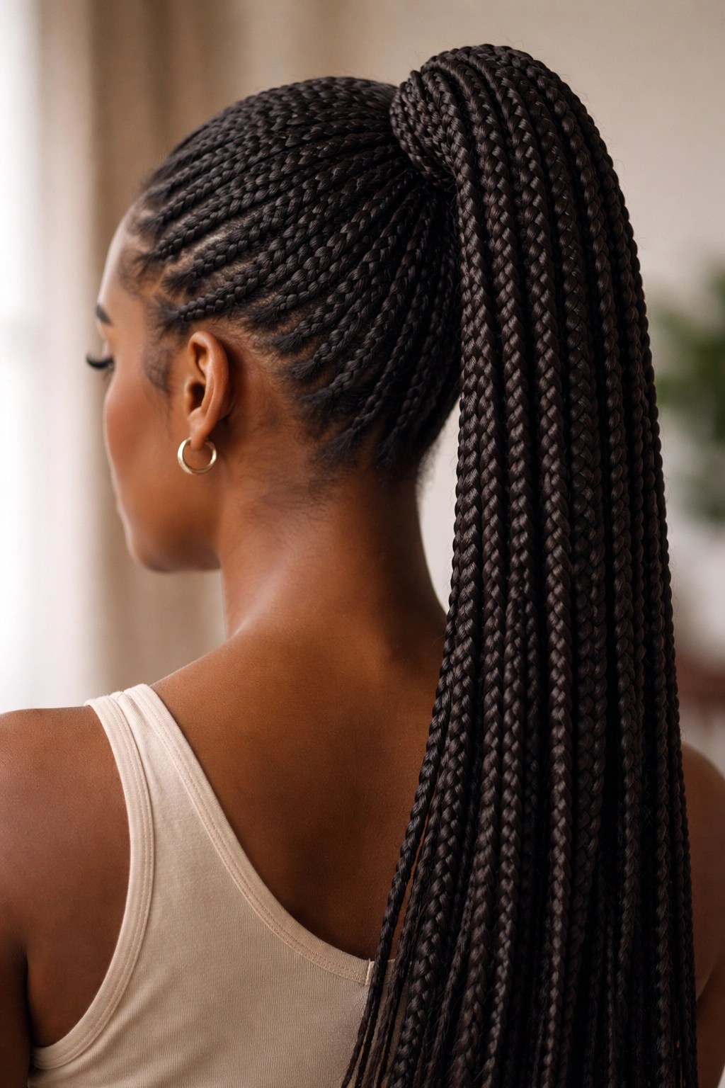 Box braid ponytail with a braided wrap at the base