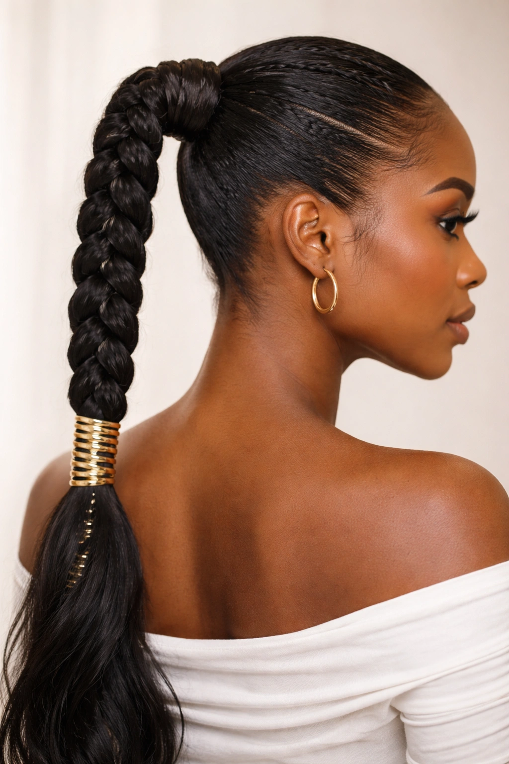 Wrapped braid ponytail featuring a metallic wrap around the base