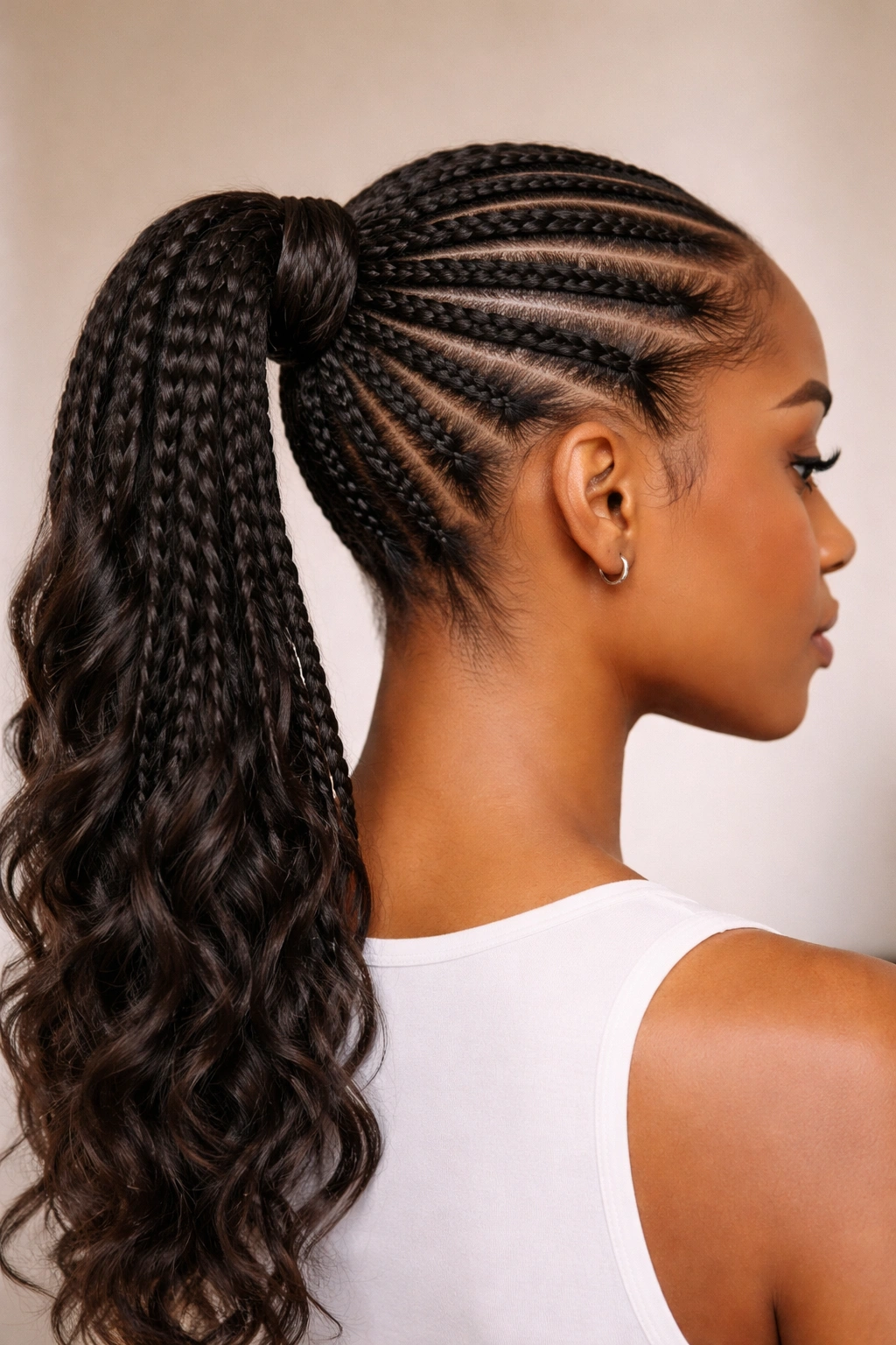Close-up of braided wrap cornrow ponytail with thin wrap around base