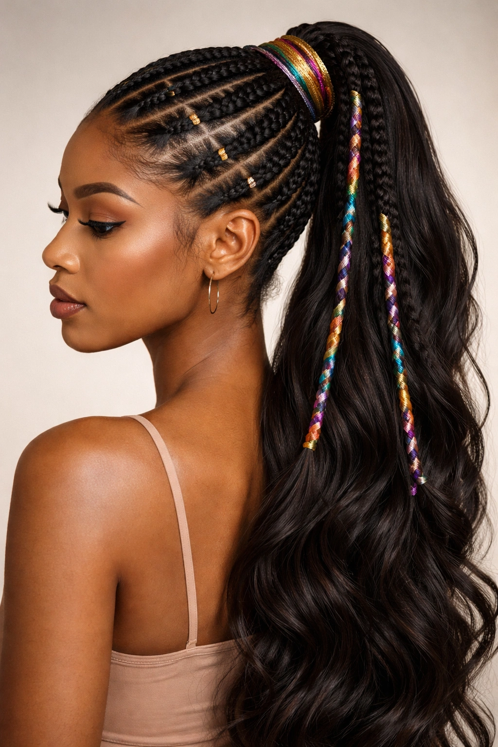 Goddess cornrow ponytail with colorful wrap woven through braids