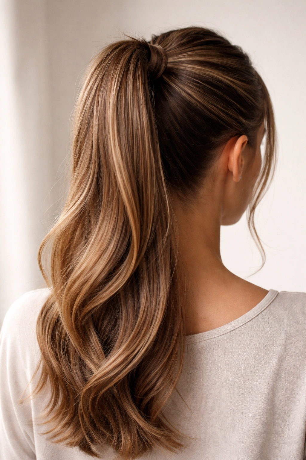 Back view of high ponytail with a wrap around the base for decorative detail.