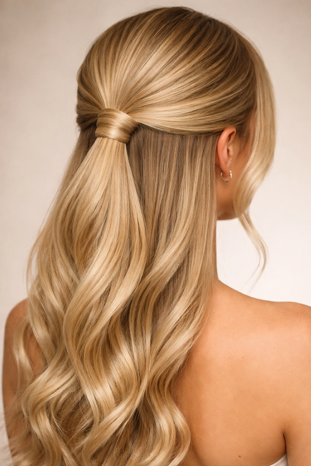 Back view of blonde hair in a sleek low half-up ponytail with a wrap detail around the elastic
