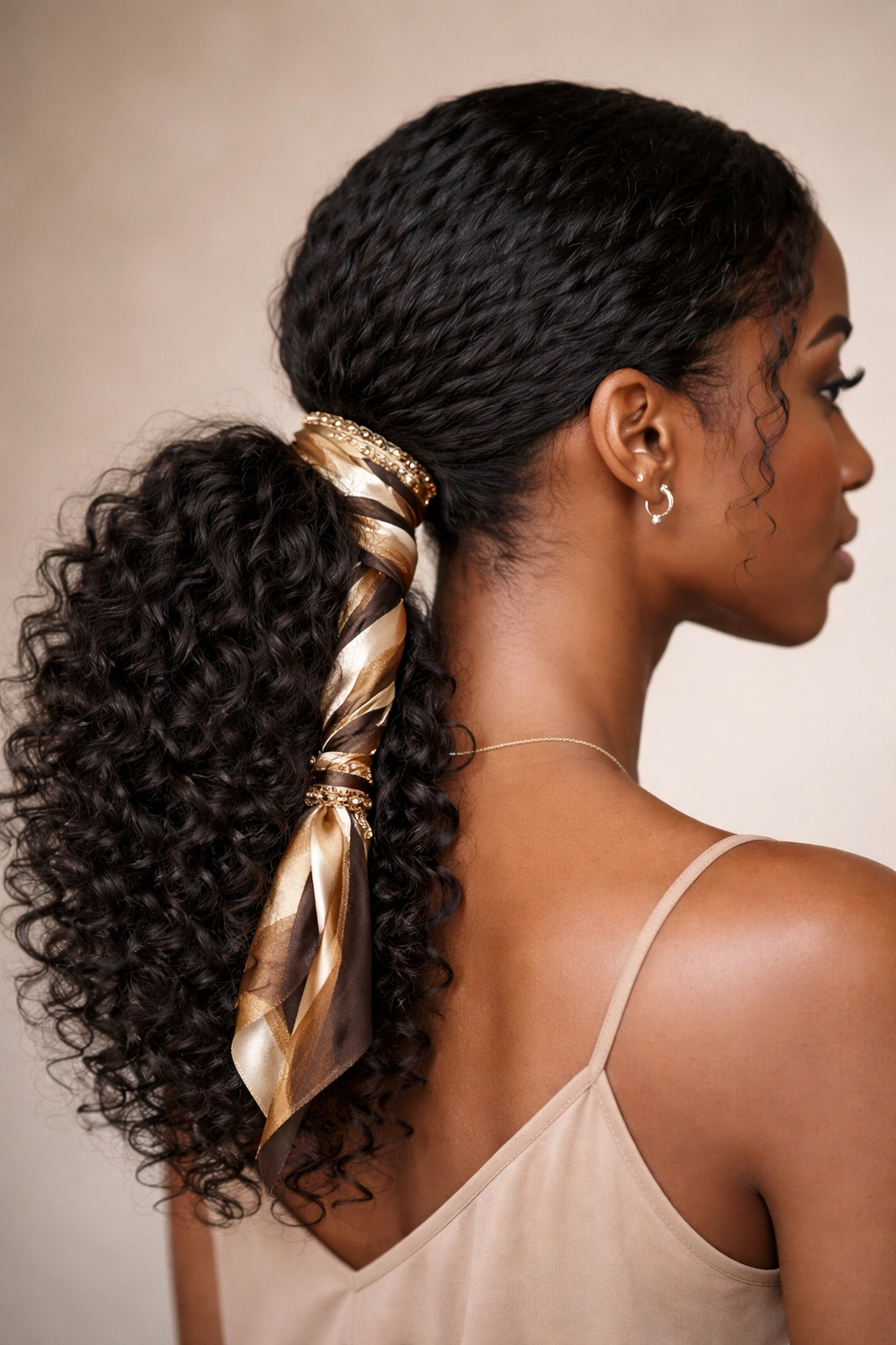Low ponytail wrapped with decorative wrap around base