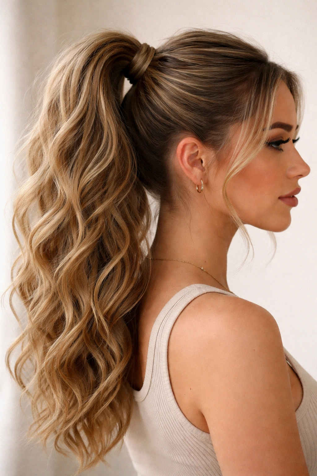 High ponytail with hair wrapped around the elastic and hidden end