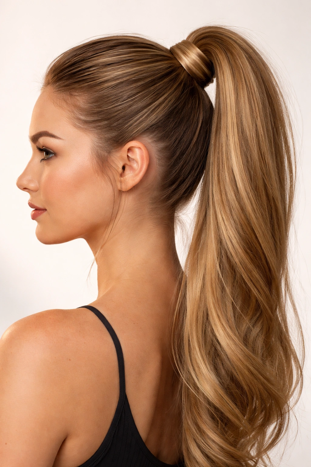 High ponytail with hair wrap covering the elastic, close-up