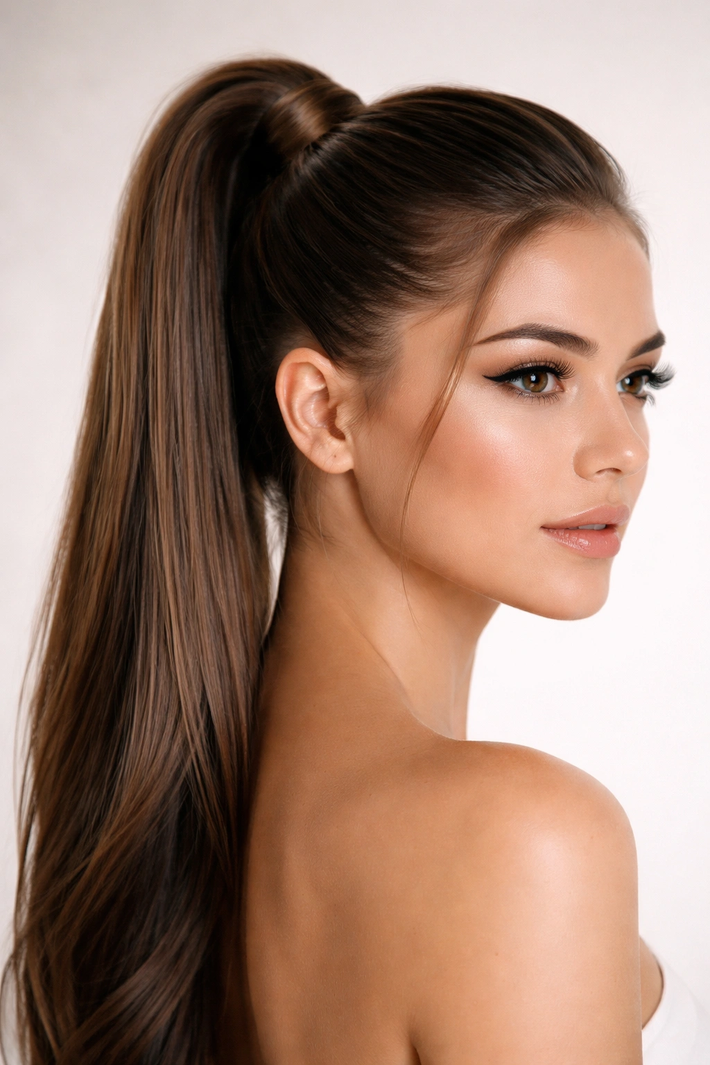 High ponytail with wrapped base concealing elastic for seamless finish