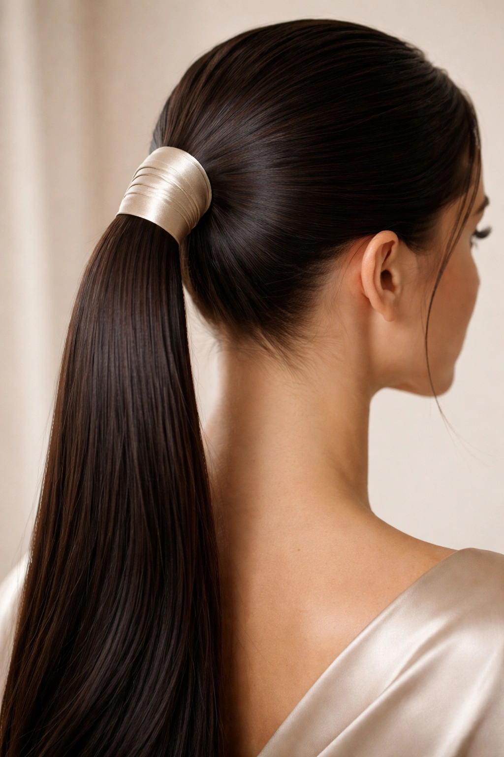 Sleek ponytail wrapped with satin ribbon at base