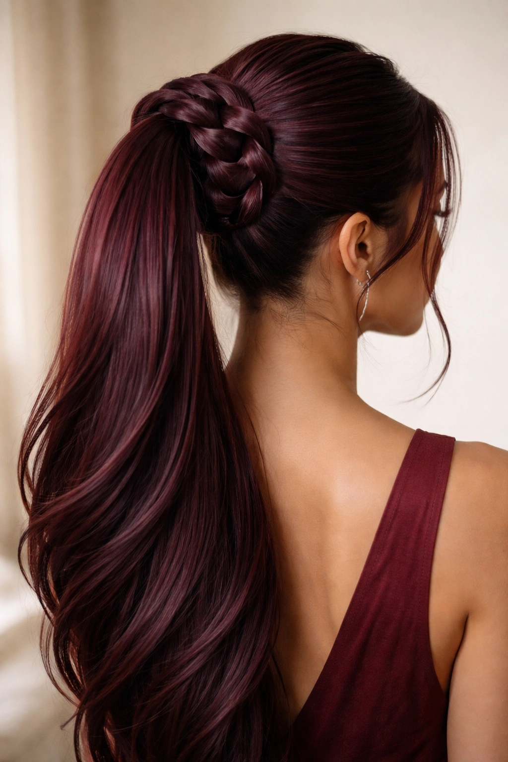 Wraparound burgundy braid circling the base of a ponytail