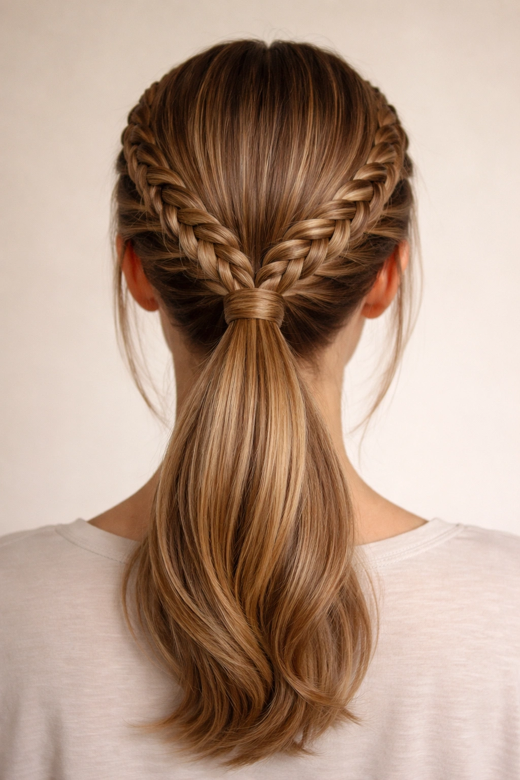 Two braids wrap around the head into a low ponytail.