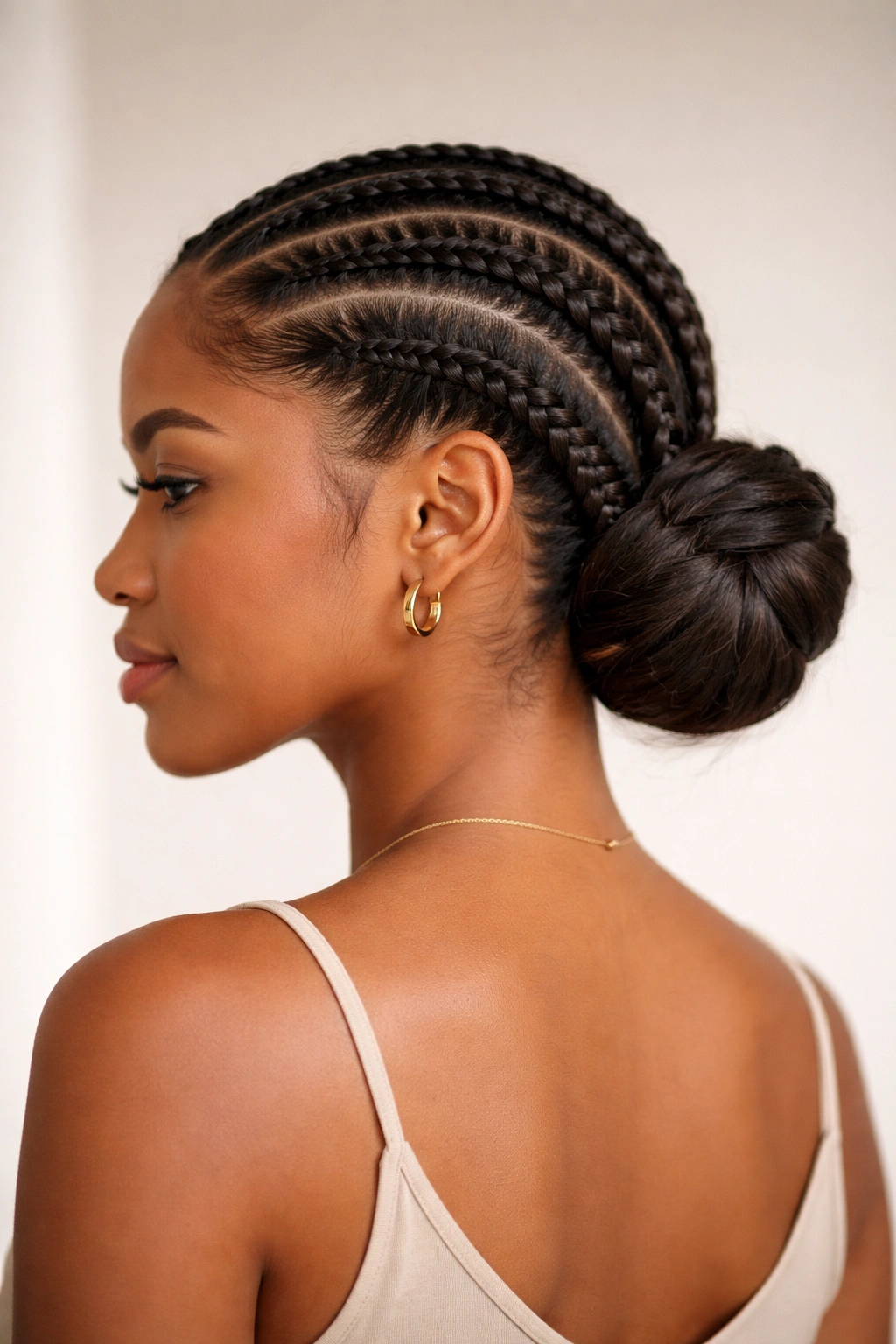 Side framing cornrows wrapped into a low bun at the nape