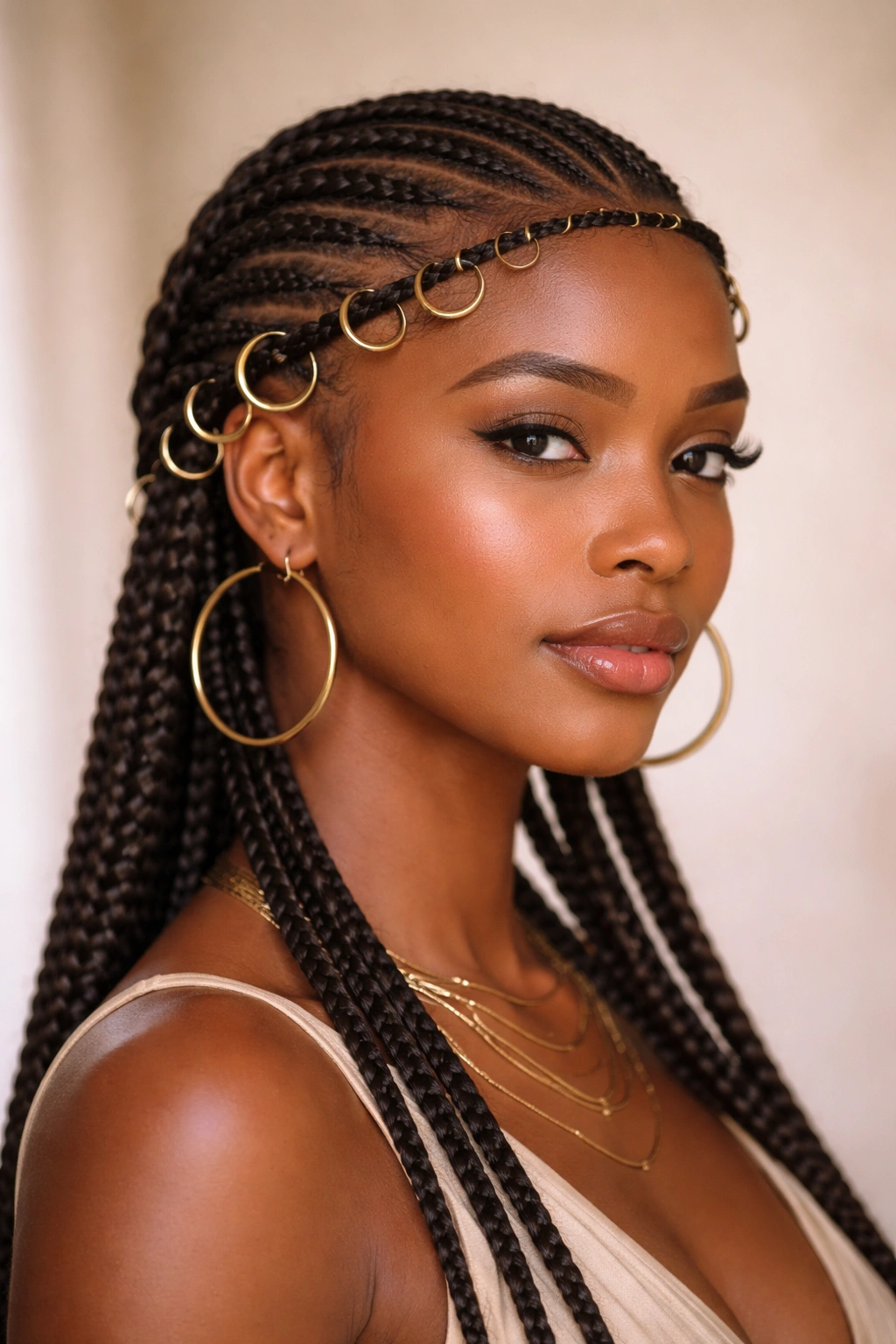 Wraparound Fulani braids forming a crown halo with hoop accents