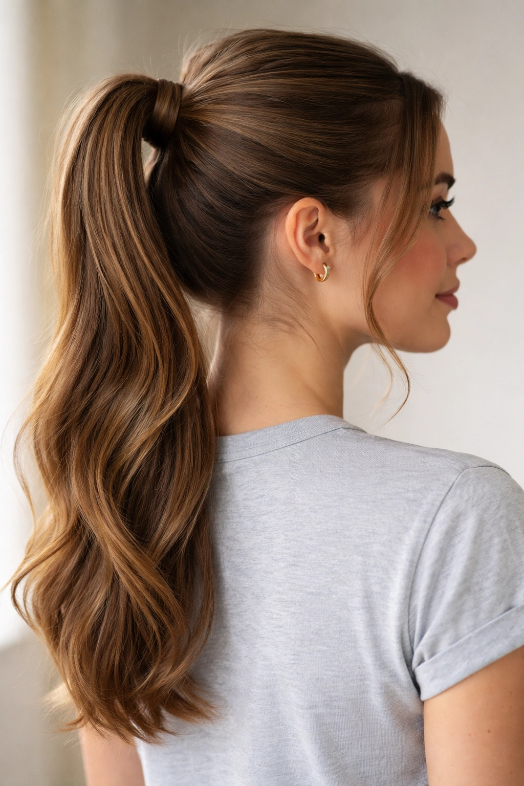 High ponytail with a hair wrap concealing the elastic