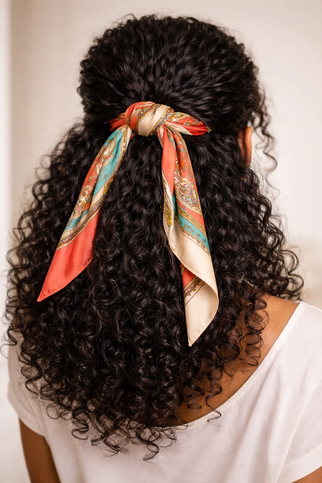 Half-up hairstyle with a silk scarf wrapped around the base.