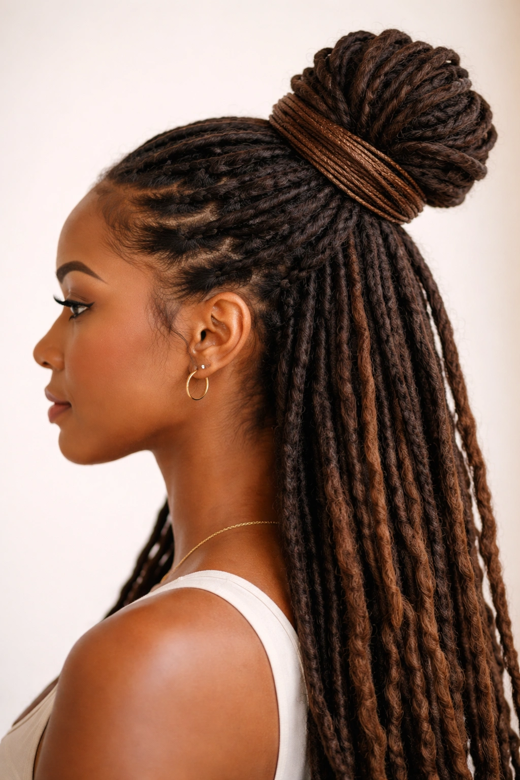 Close-up of wrapped base half-up bun with visible wrapping around the bun base on locs.