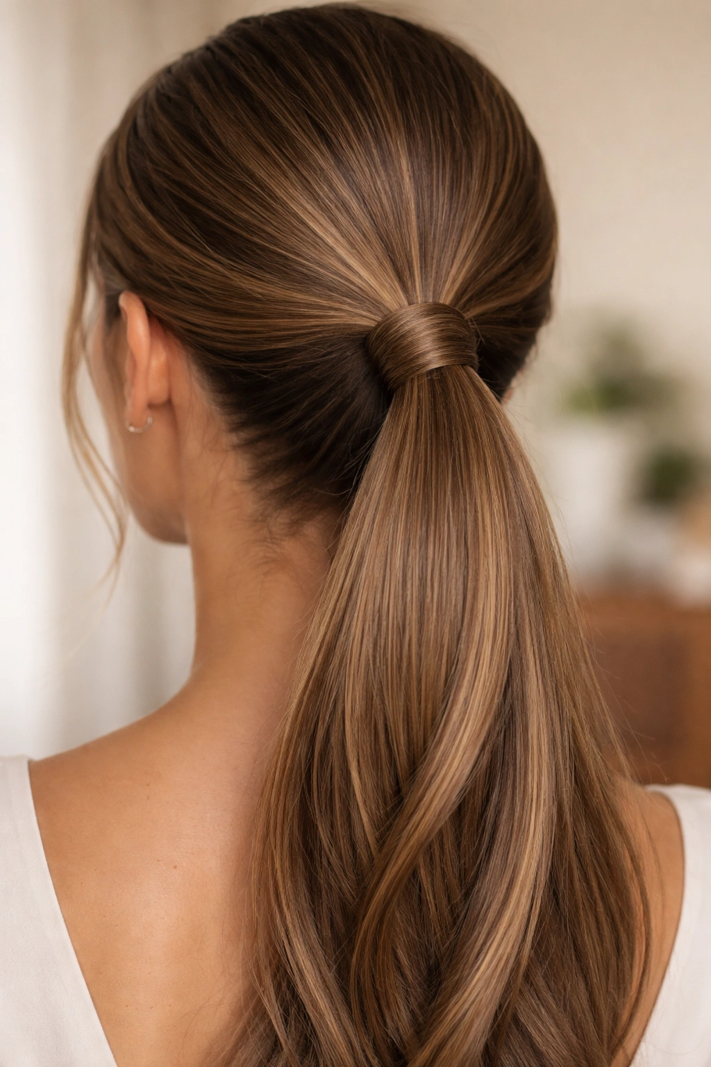 Ponytail with hair wrapped around base to conceal elastic