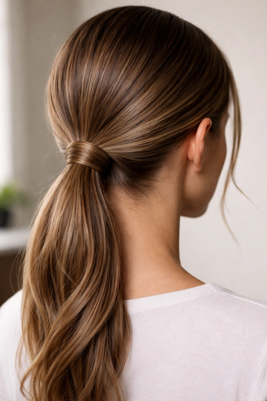 Close-up of wrapped base hiding elastic at the nape of a low ponytail.