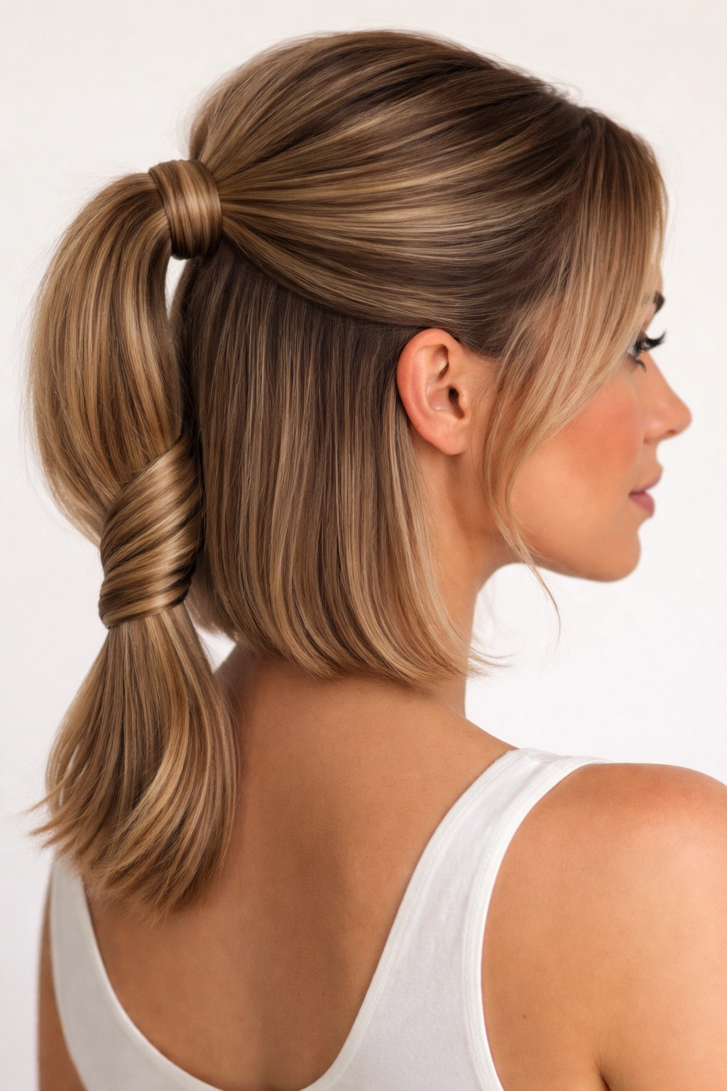 Side view of half ponytail with wrapped base and tail