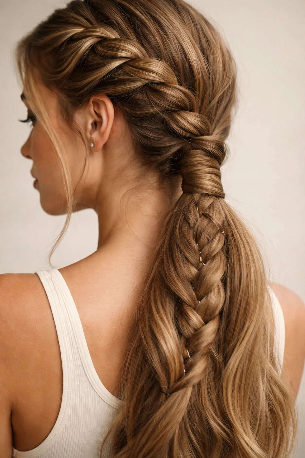 Close-up of side braid with wrapped hair detail