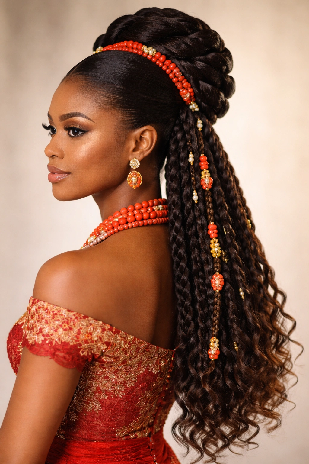 Wrapped hair with cascading braids in a hybrid style