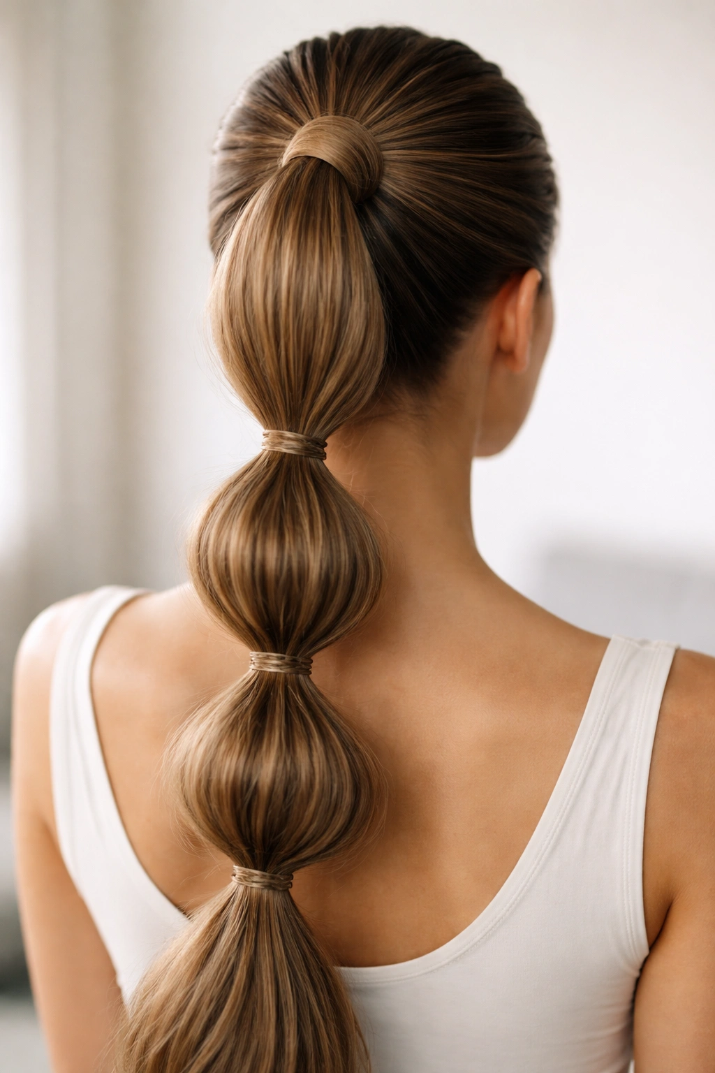 High ponytail with multiple bubbles and a base wrap