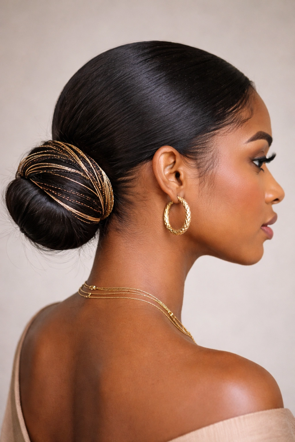 Low bun wrapped with decorative thread around it