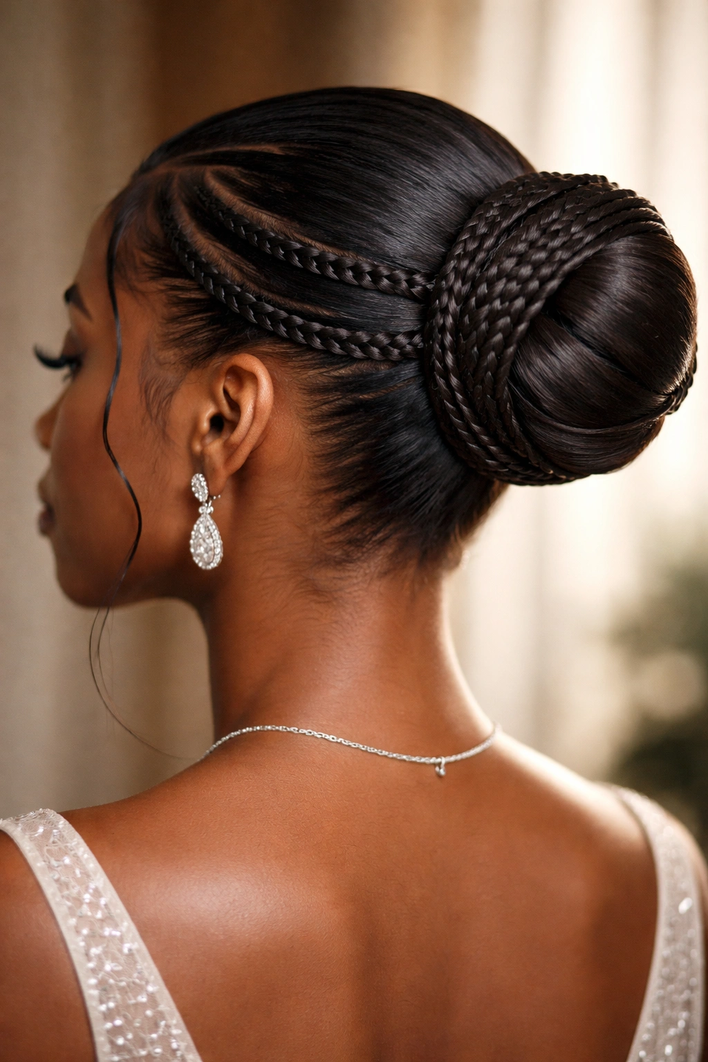 Sleek wrapped bun with thin braided bands