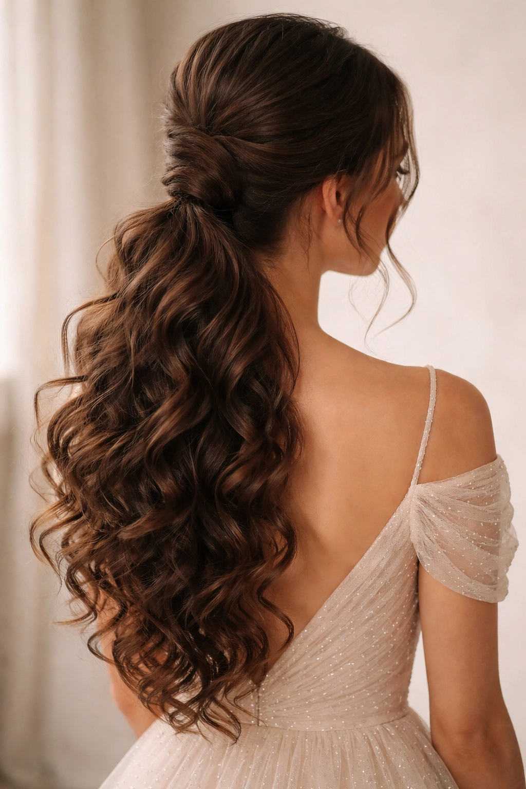 Low loose ponytail twisted into a soft bun with cascading curls flowing over the shoulders