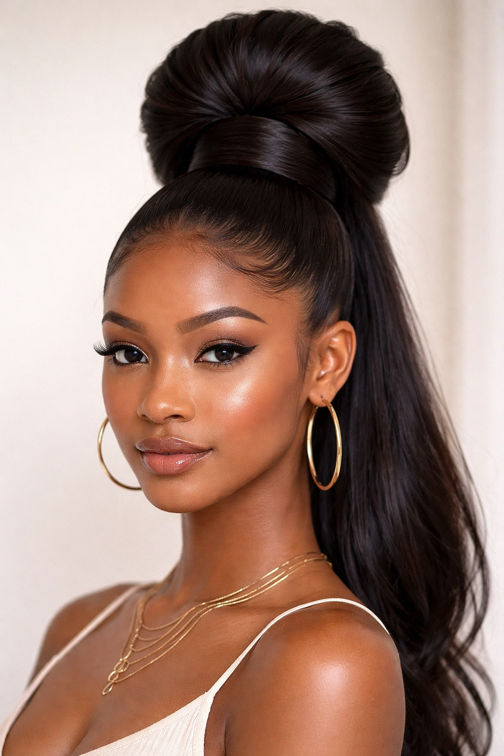 High ponytail wrapped into a full bun with wrapped weave