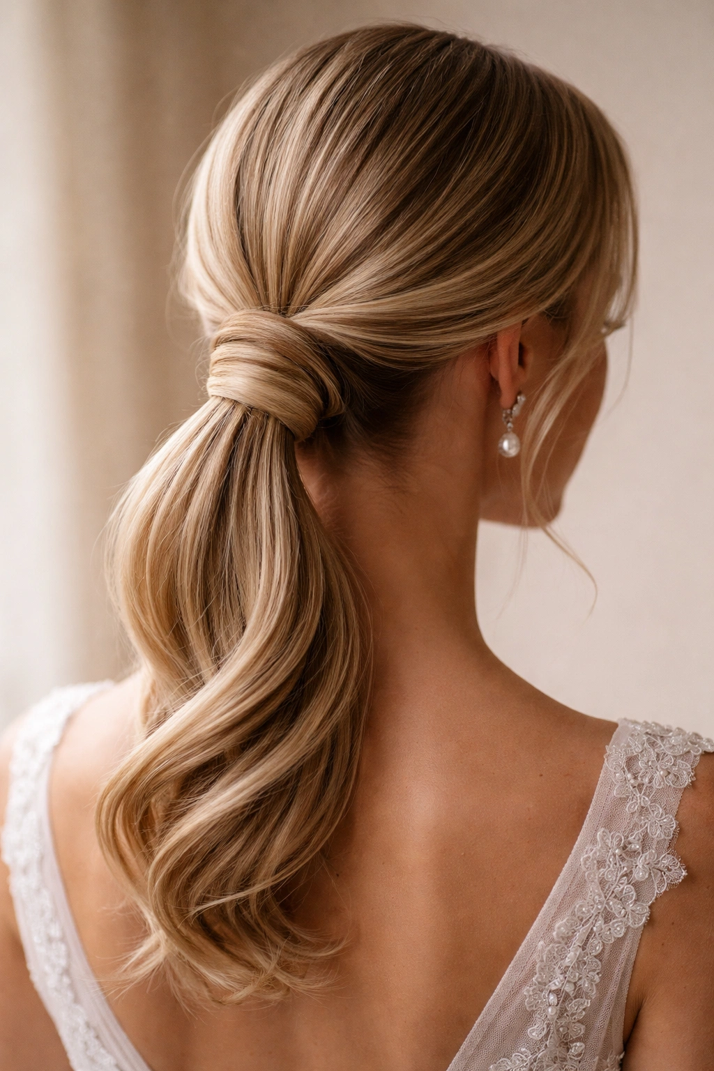 Rear view of a wrapped chignon-style ponytail at the nape