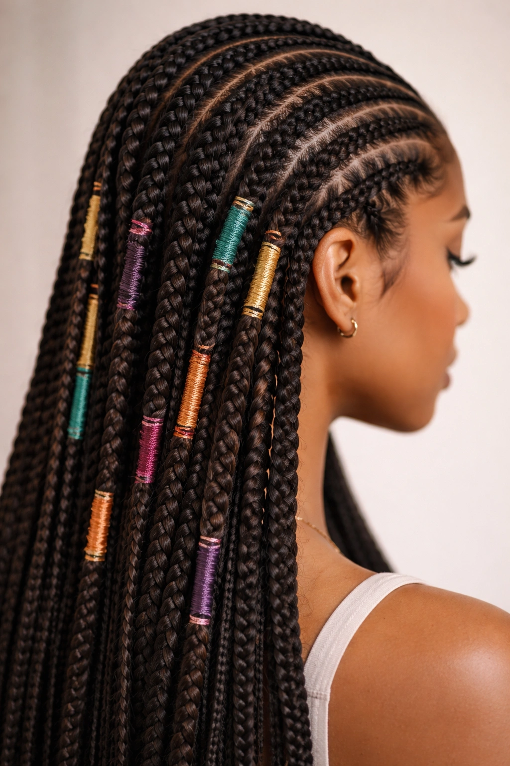 Close-up of feed-in cornrows with wrapped sections in contrasting threads