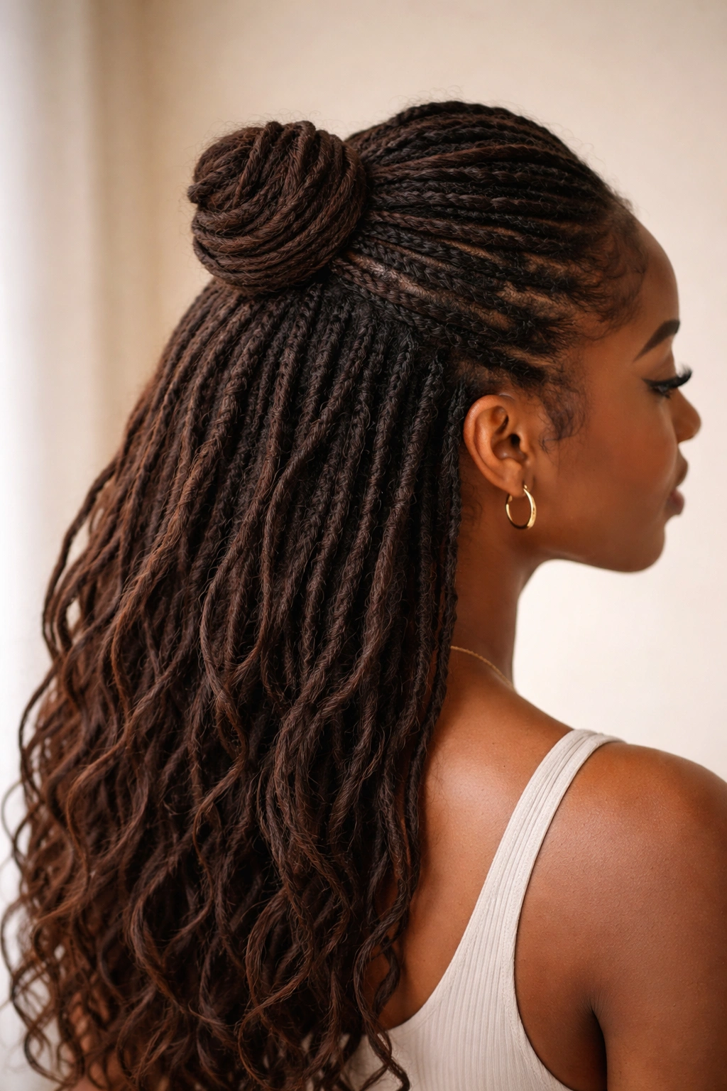 Wrapped crown half up hairstyle with a wrapped band around the crown bun