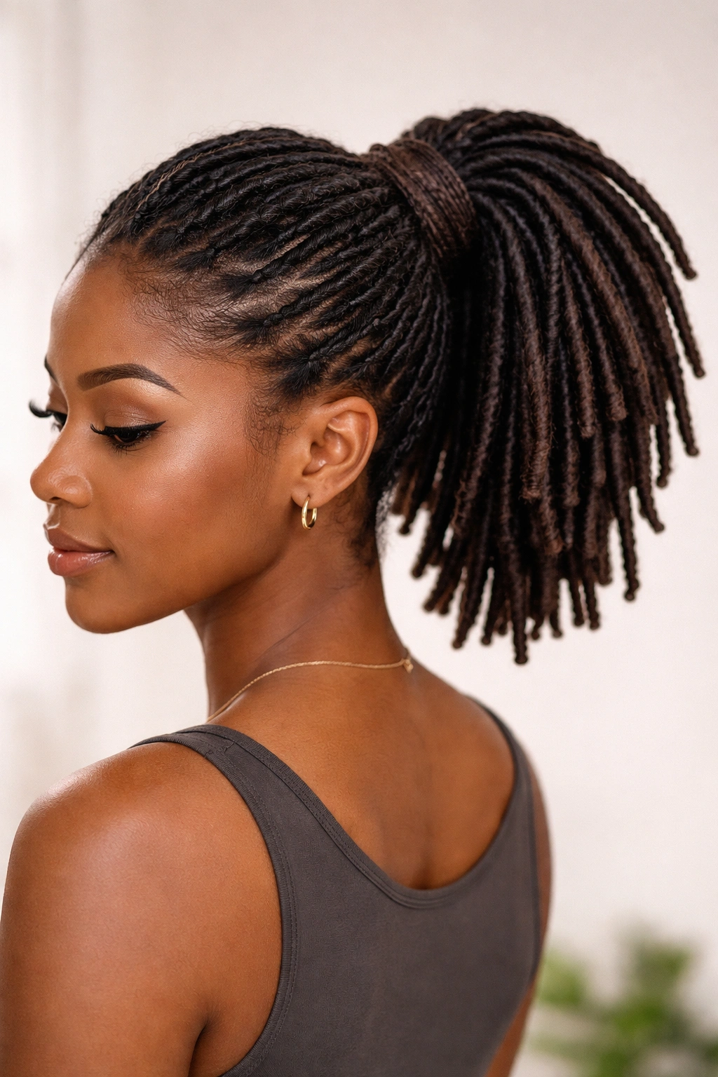 Head with wrapped crown ponytail showing a wrapped section at the base for extra fullness.