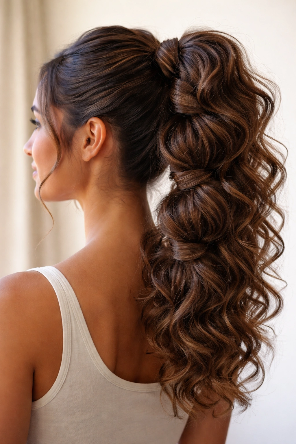 Back view of a wrapped curly ponytail with circular pattern