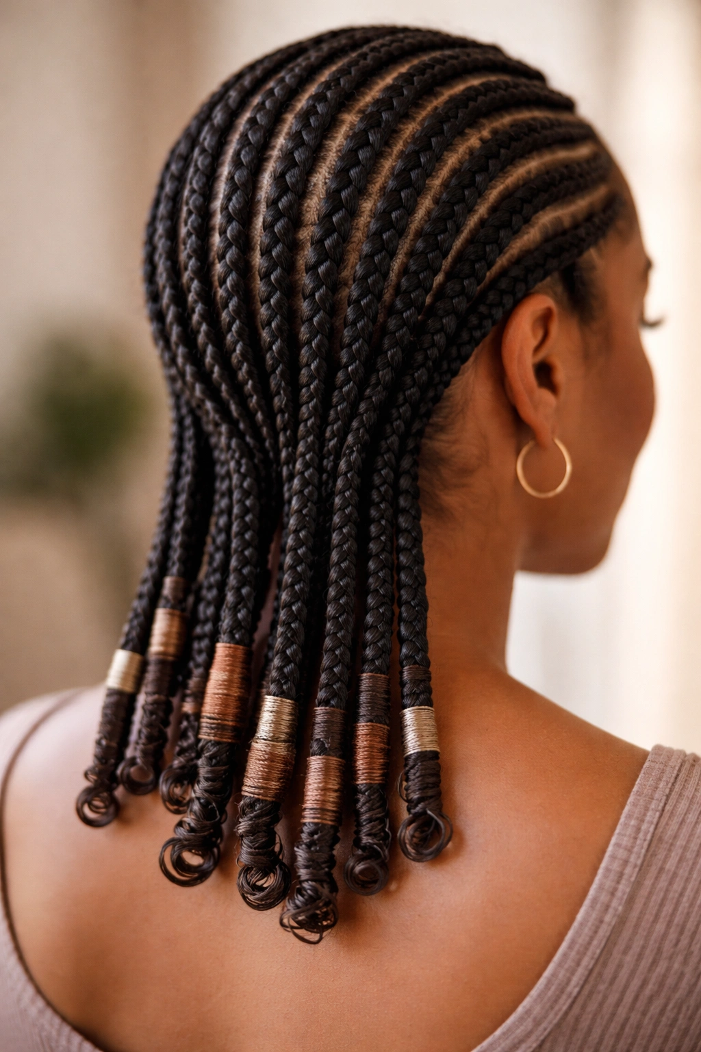 Cornrows with ends wrapped in thread or yarn for refined detail