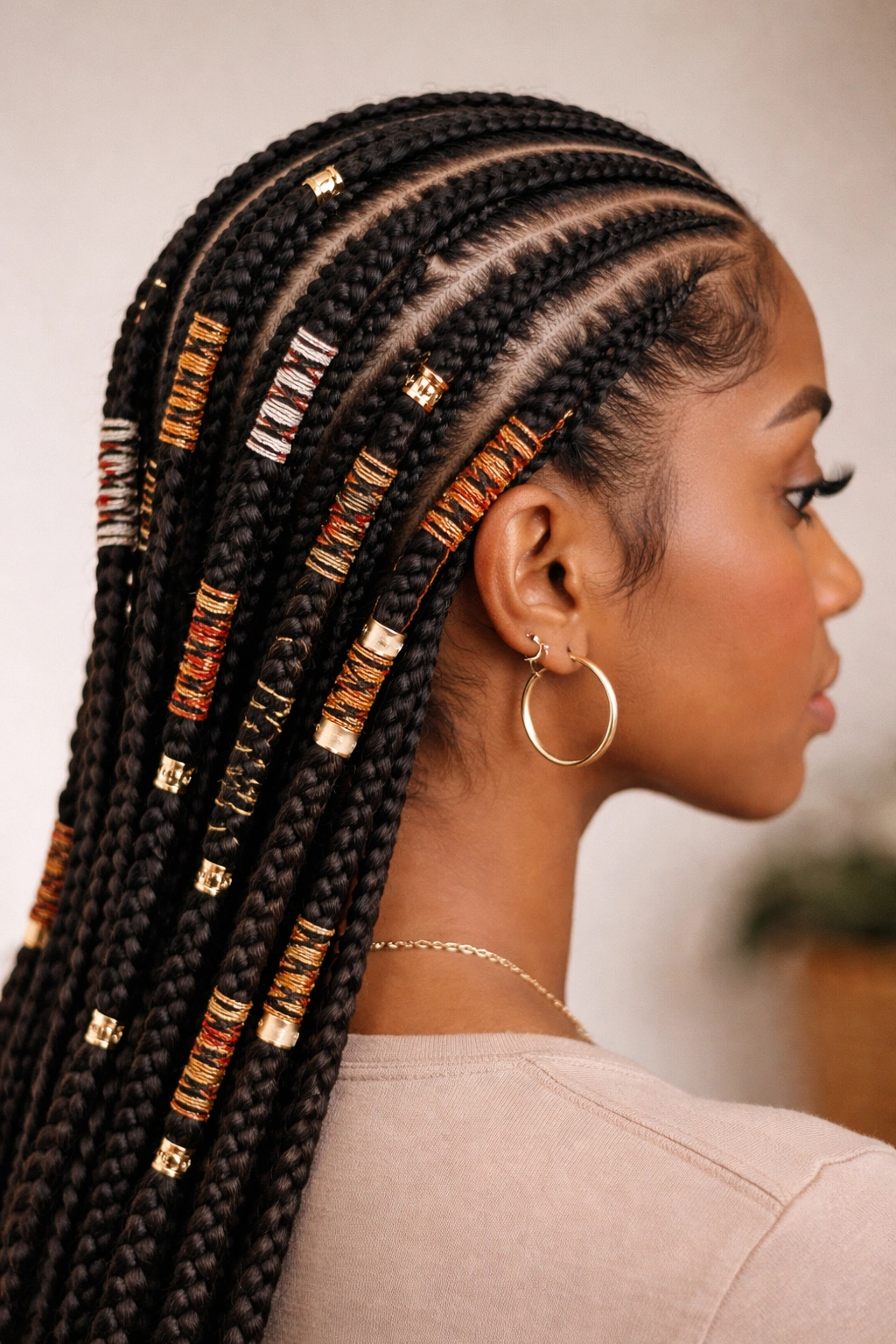 Fulani braids wrapped with decorative threads around sections