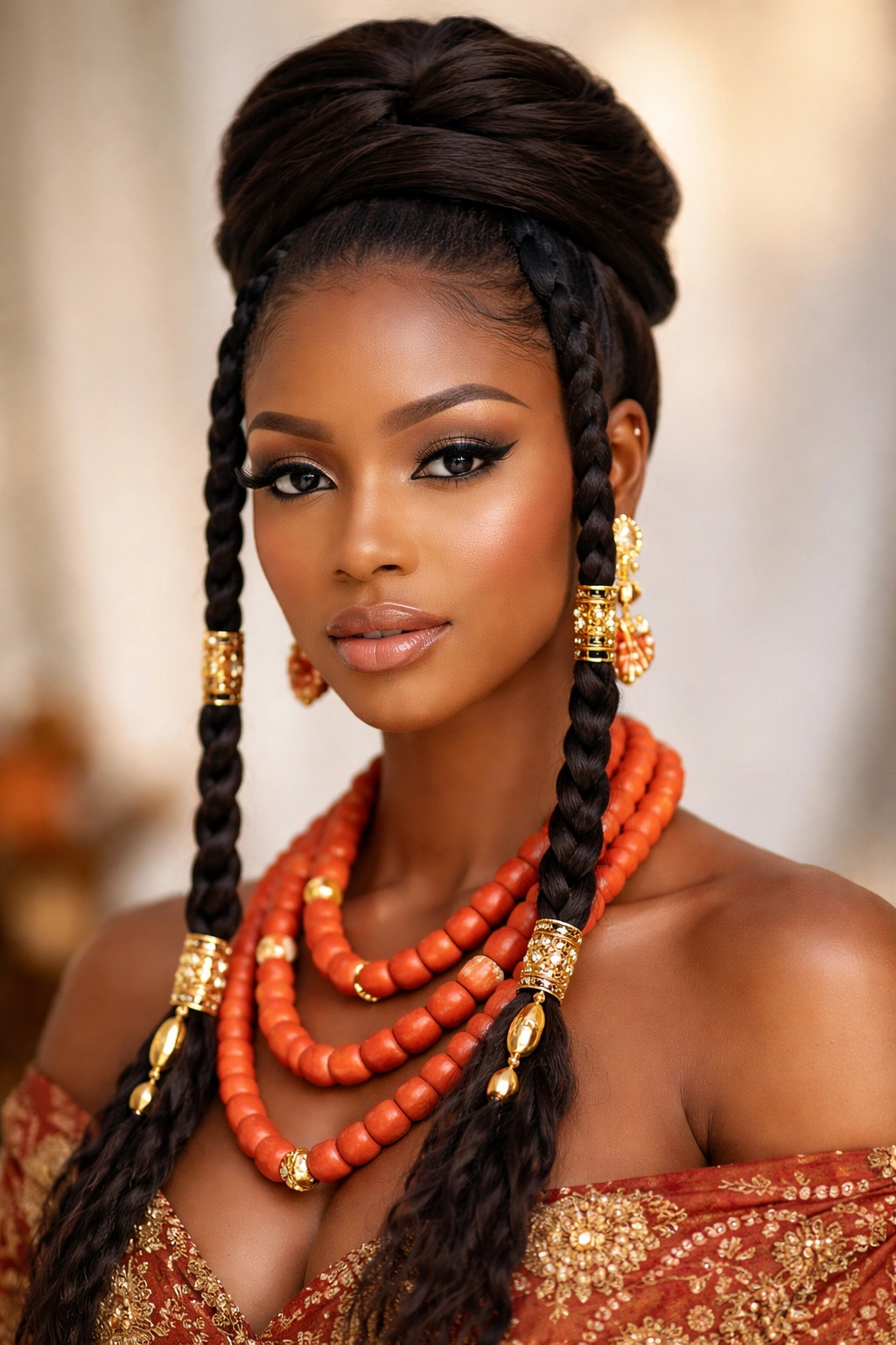 Wrapped hair with face-framing braids for Igbo wedding.