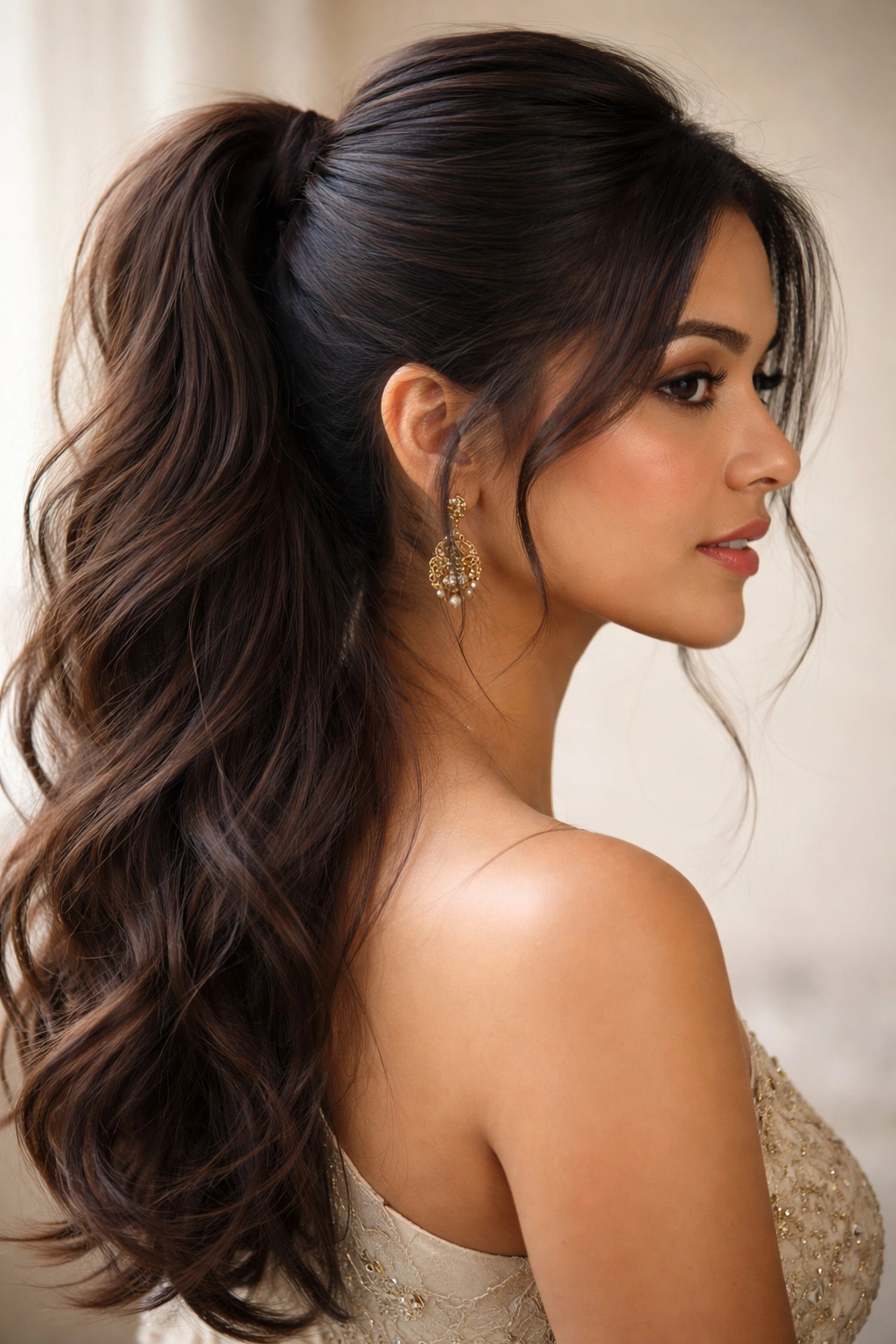 Rear view of wrapped half-ponytail showing wrapped base and loose lower hair with soft framing pieces.