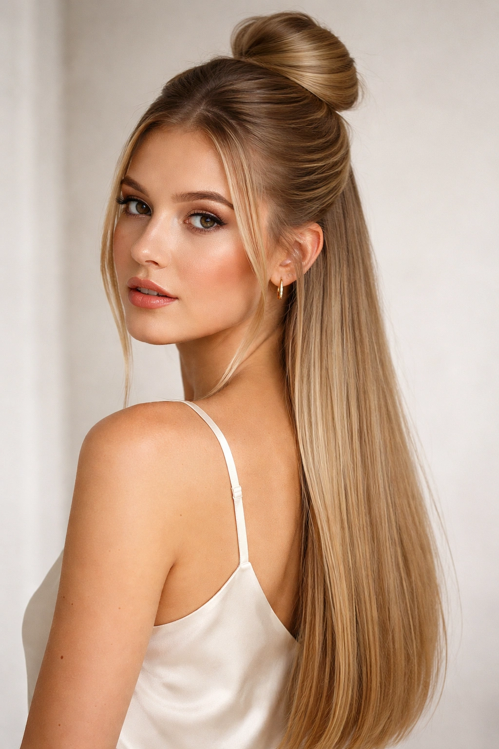 Half-up bun with wrapped elastic detail creating a polished finish