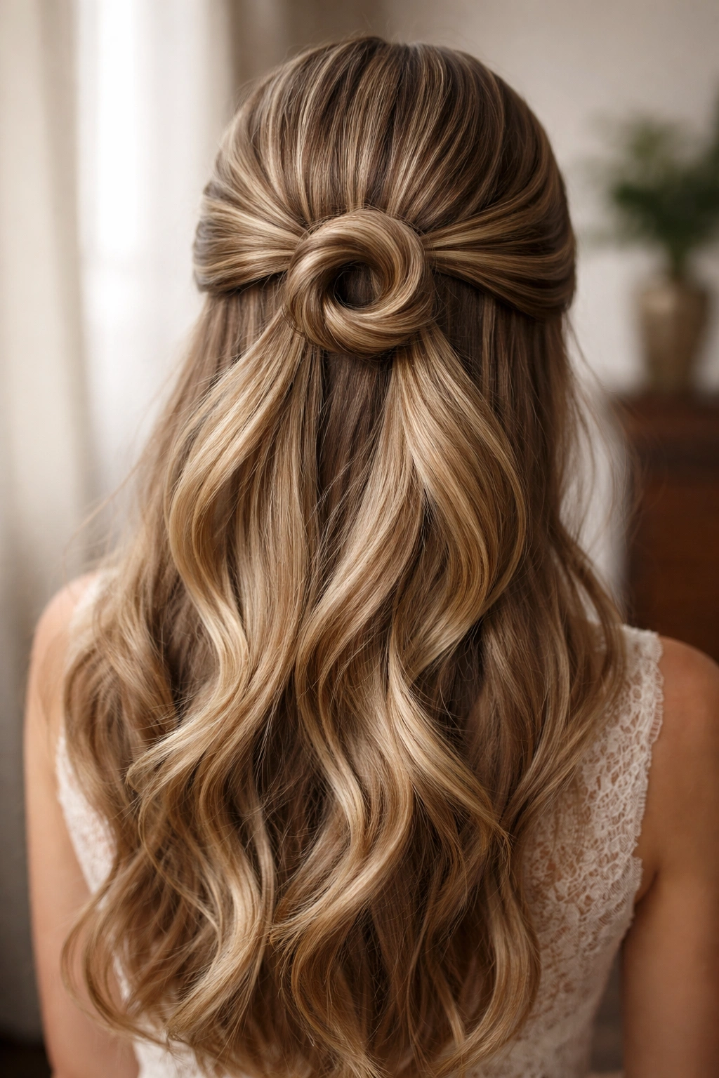 Close-up of a wrapped half-up hairstyle with a circular crown detail