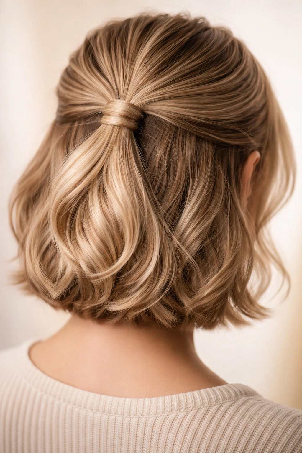 Close-up of a short wig with a sleek wrapped half-up showing hidden elastic