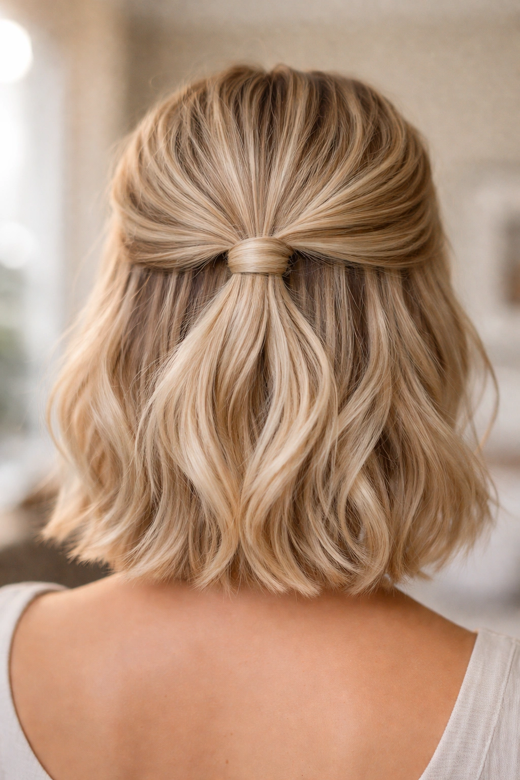 Hair wrapped around elastic to conceal the band in a half-up on short blonde hair