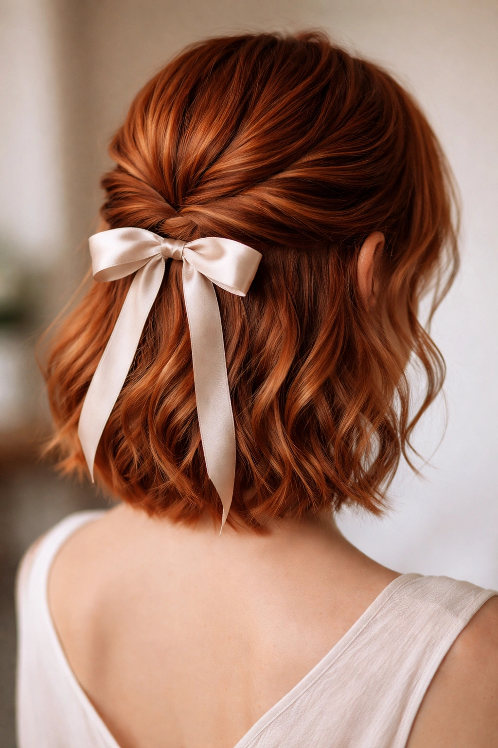 Back view of short red hair in a wrapped half-up style with a ribbon bow at the base.