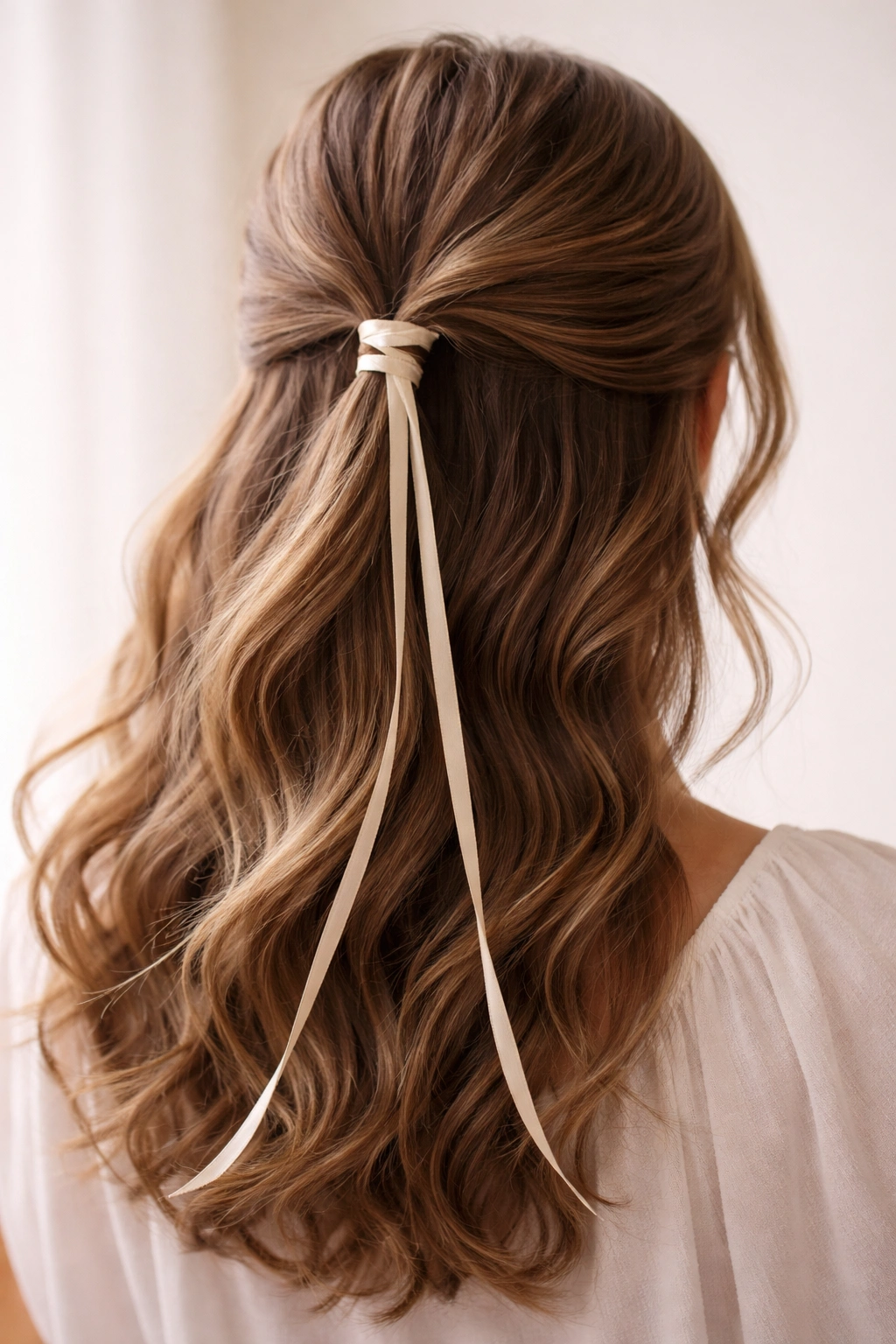 Back view of a half-up hairstyle wrapped with a satin ribbon around the elastic