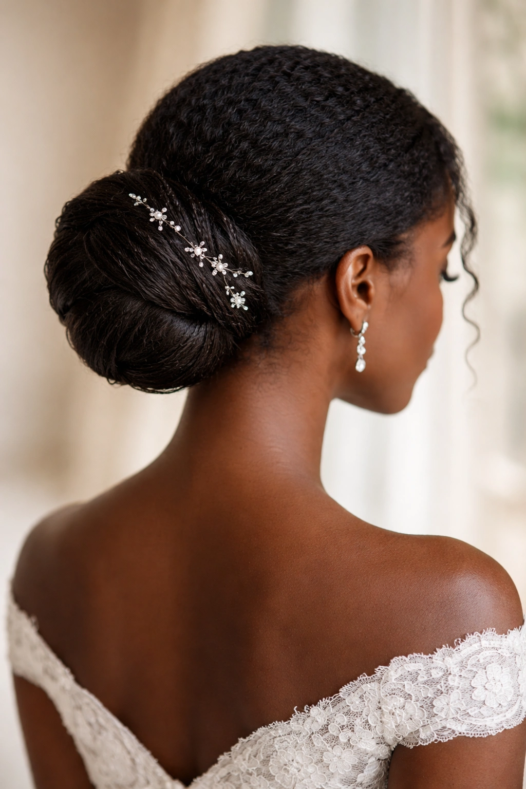 Wrapped low bun with decorative pins in coily hair